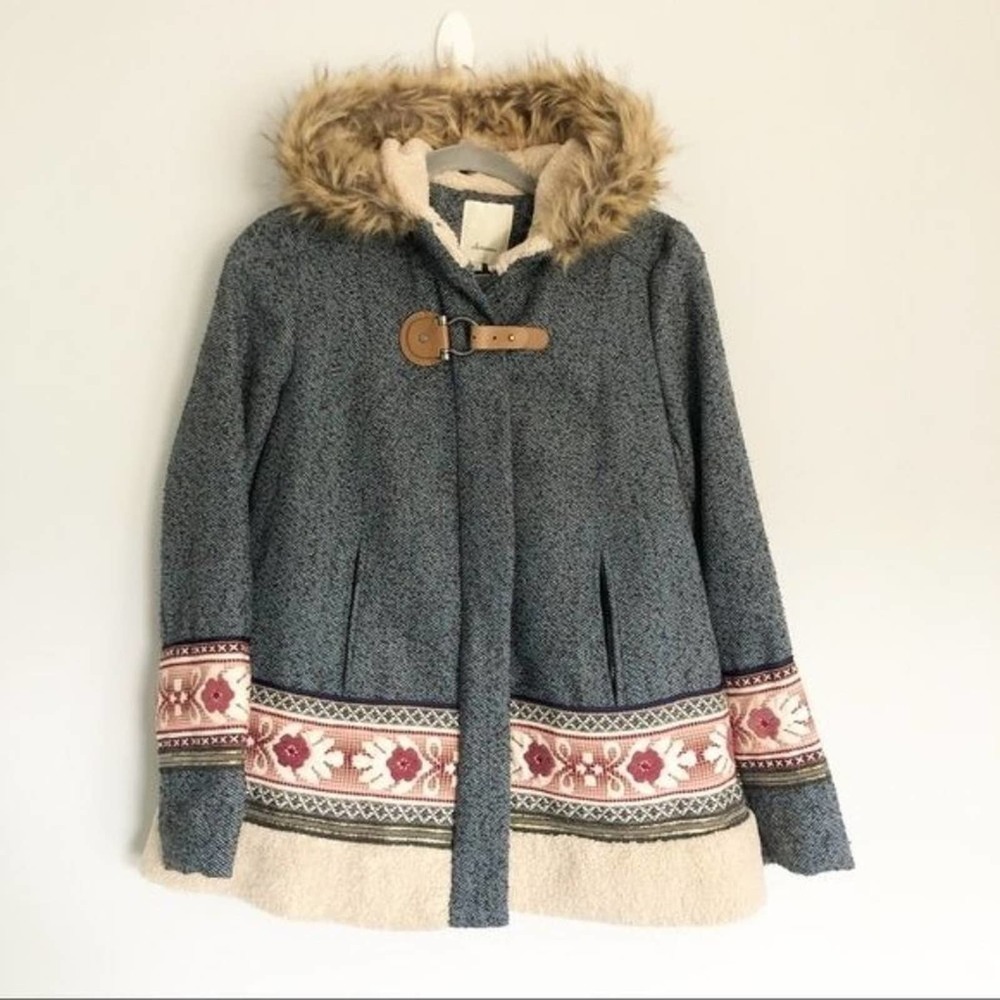 Anthropologie Elevenses Northerner Embroidered Fur Hood Long Sleeve Coat Rare XS